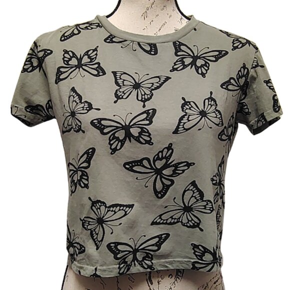 Womans Y2K Butterfly Crew Neck Baby Tee Medium Sage Green - Fairycore Cottage - Picture 1 of 5